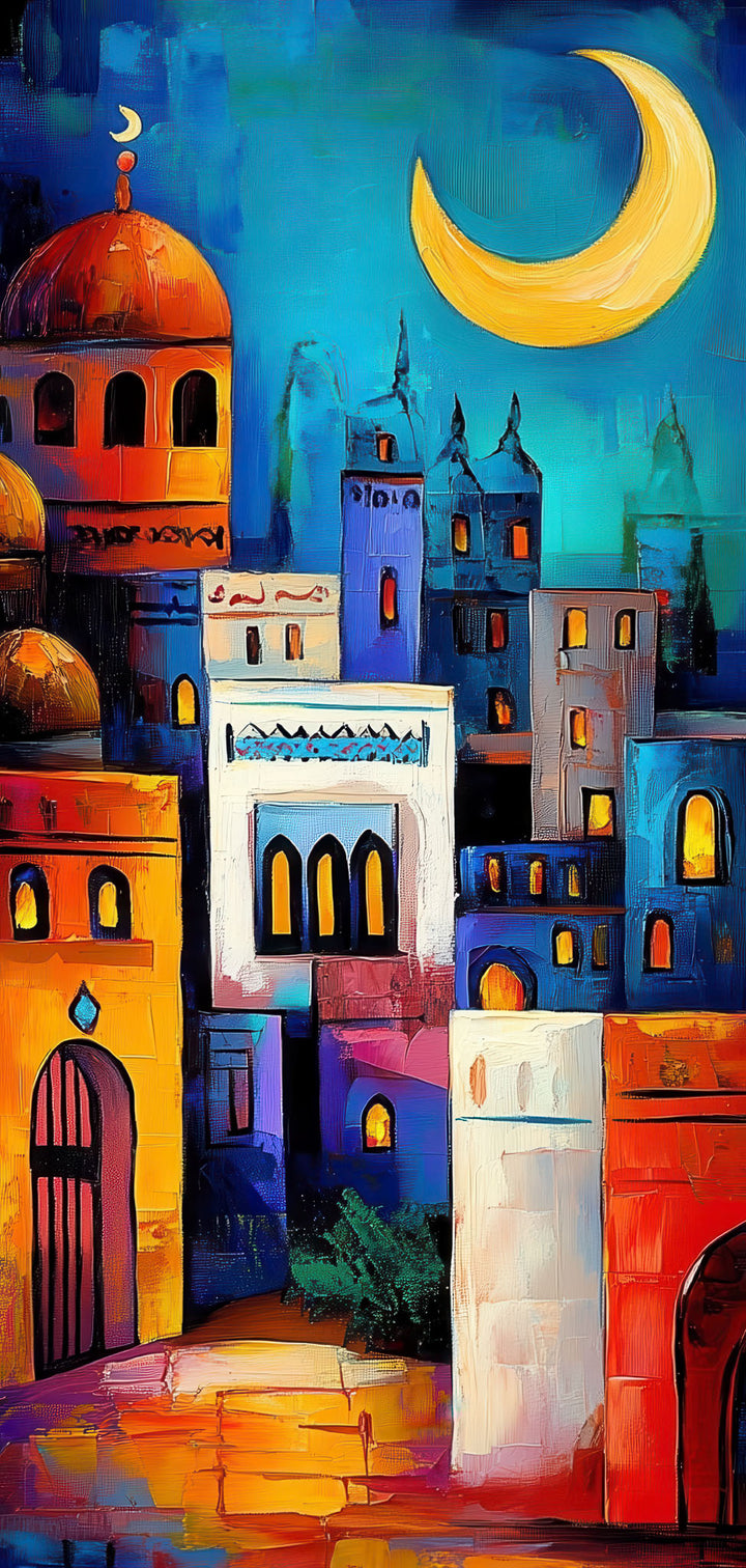 Moonlit cityscape painting on canvas with MDF frame and glass front panel showcasing rich blues and warm highlights