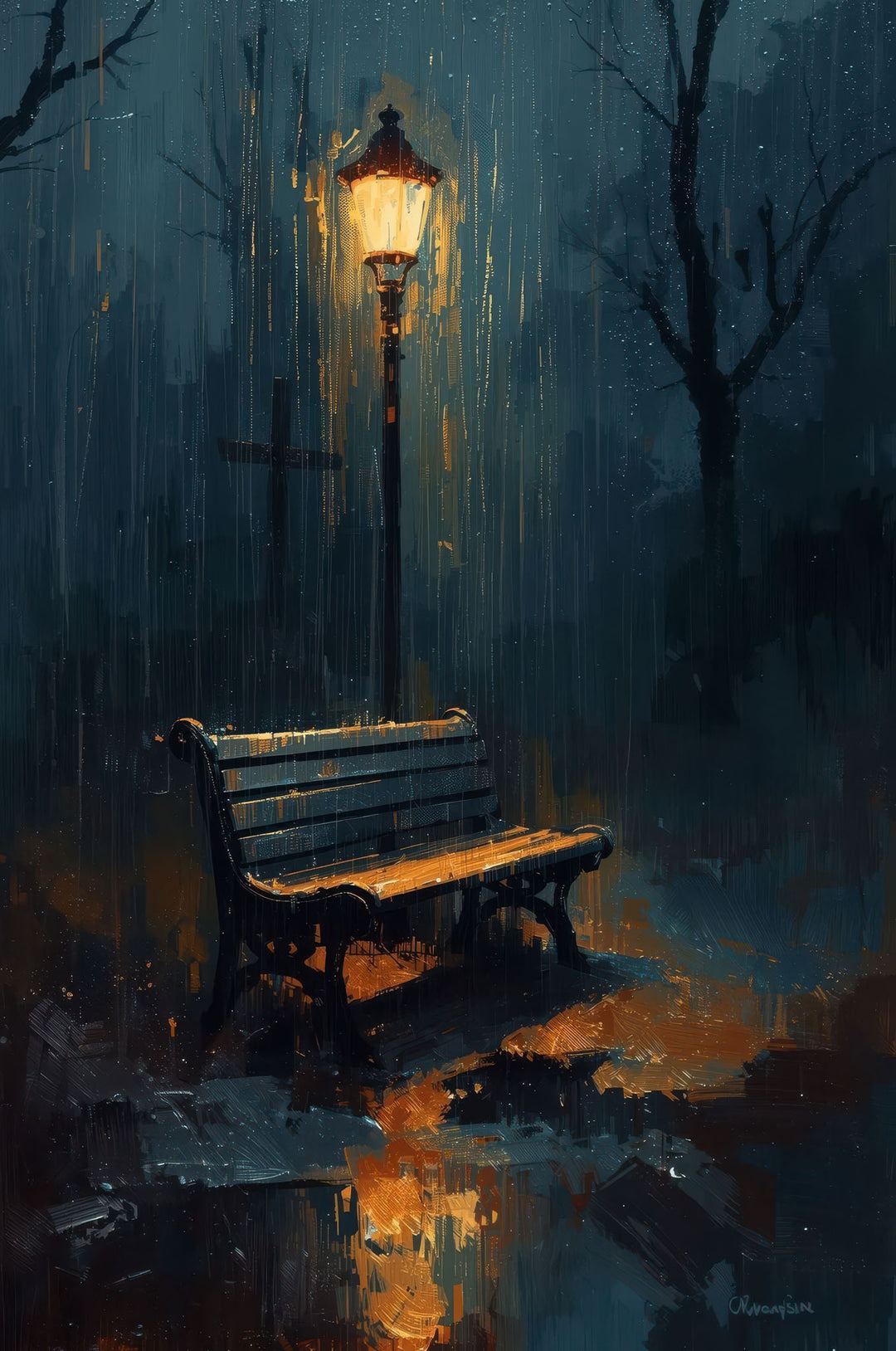 Lonely bench night canvas art with street lamp in MDF frame and glass front panel