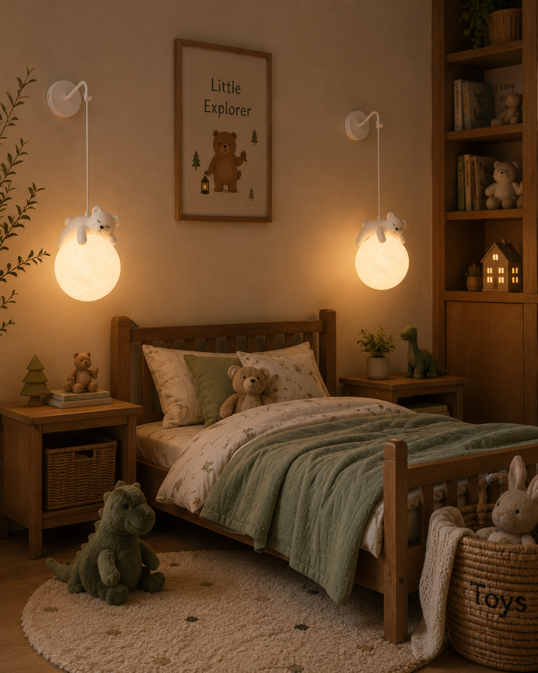 White globe wall sconces with slim adjustable arms beside a child's bed