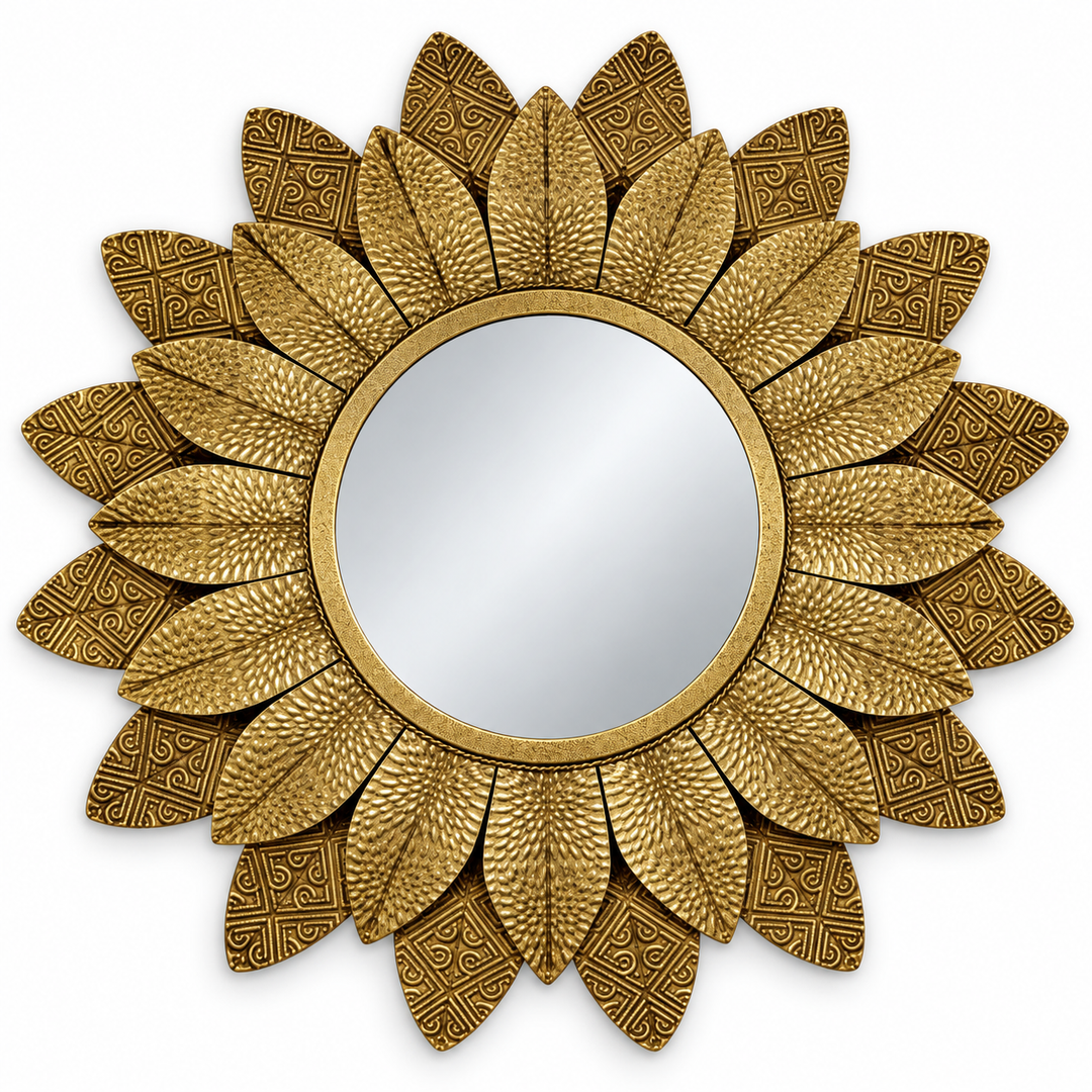 Round gold sunburst wall mirror with layered textured leaf-shaped frame
