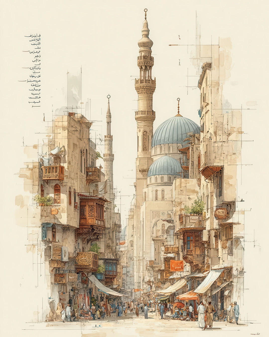 Historic Islamic street cityscape artwork on textured canvas with MDF frame and glass front panel