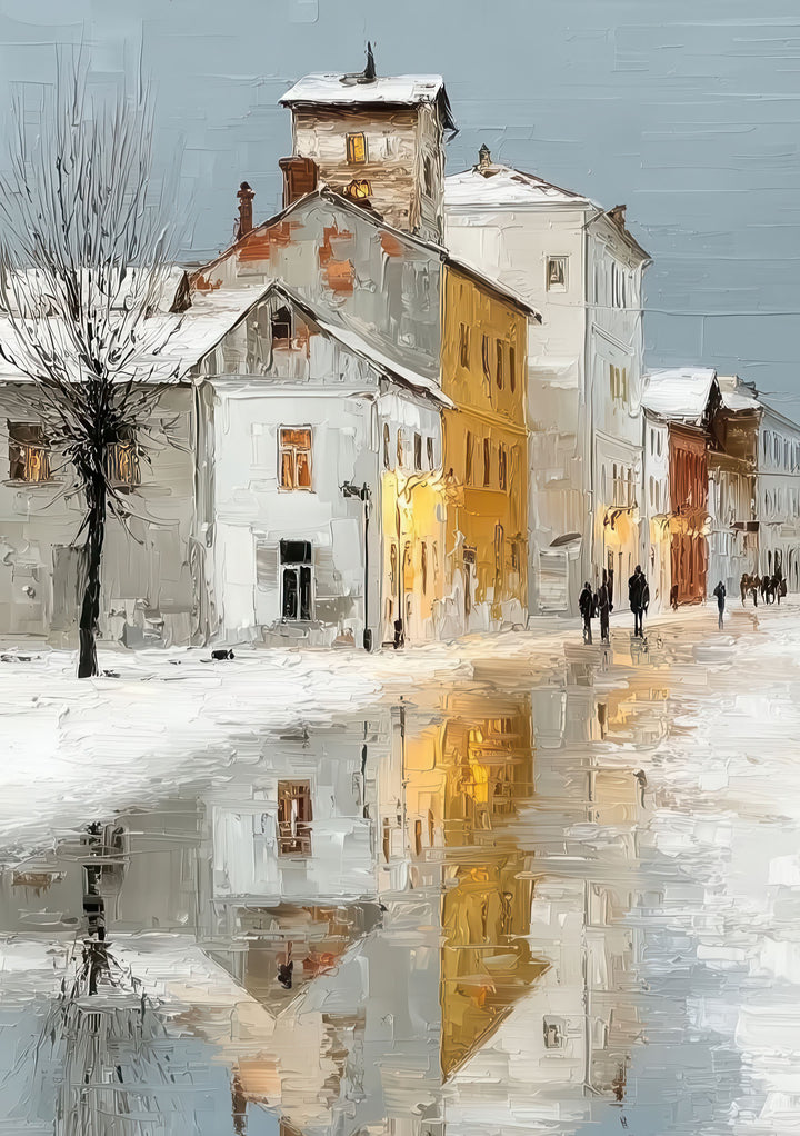Snowy city street scene reflected on premium canvas with MDF frame and glass front
