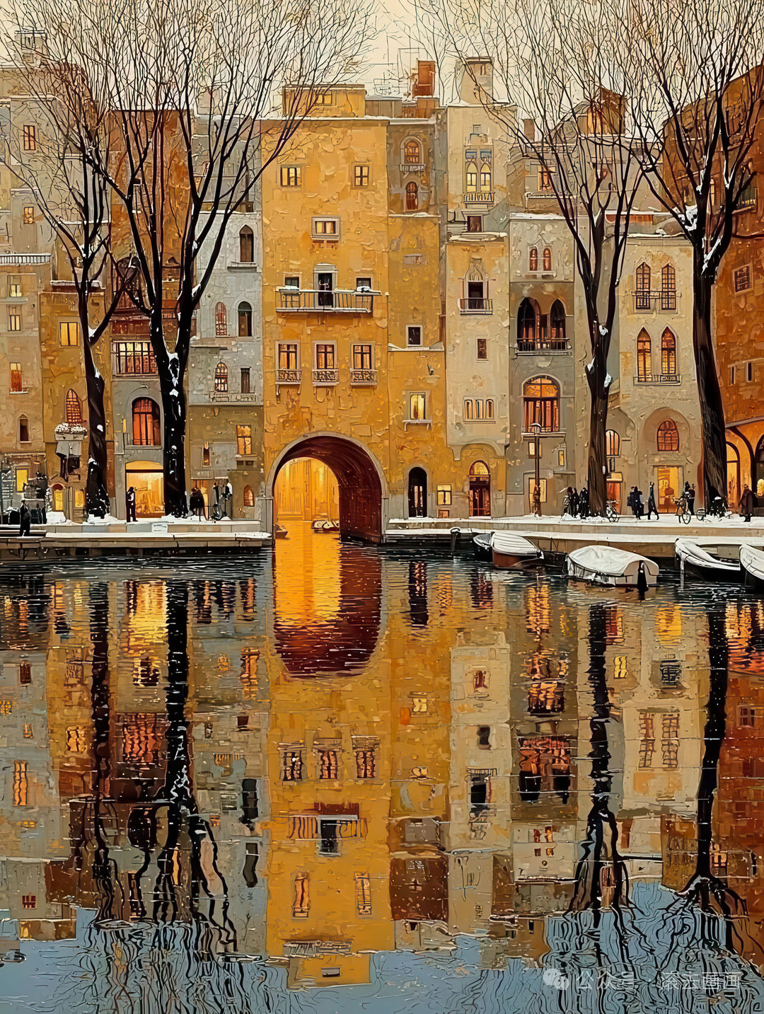 Golden archway reflection on textured canvas with warm golden tones