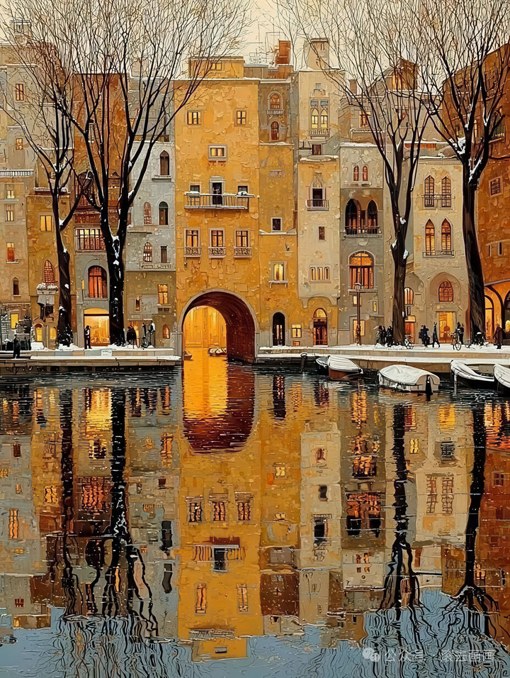 Golden archway reflection on textured canvas with warm golden tones