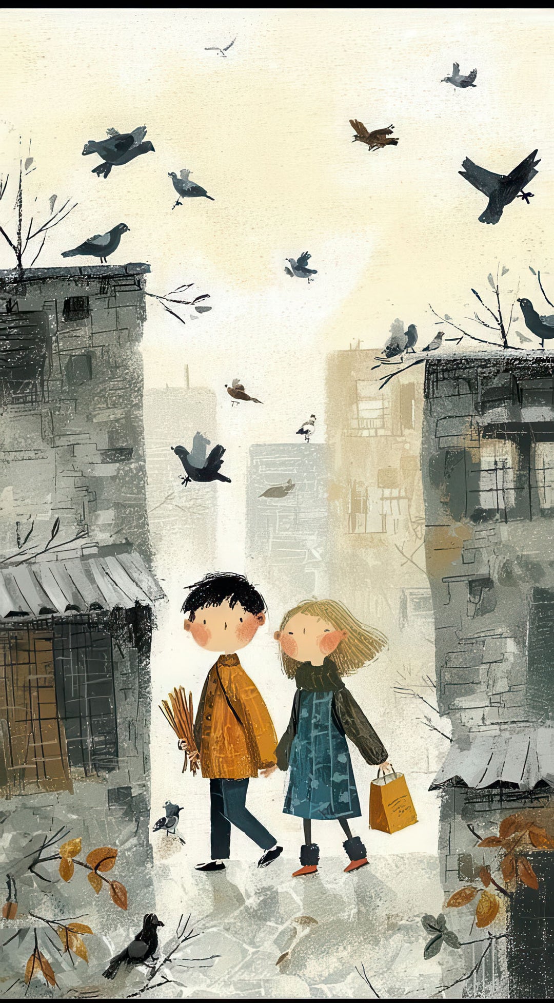 Children walking with birds city illustration on premium canvas with MDF frame and glass front panel