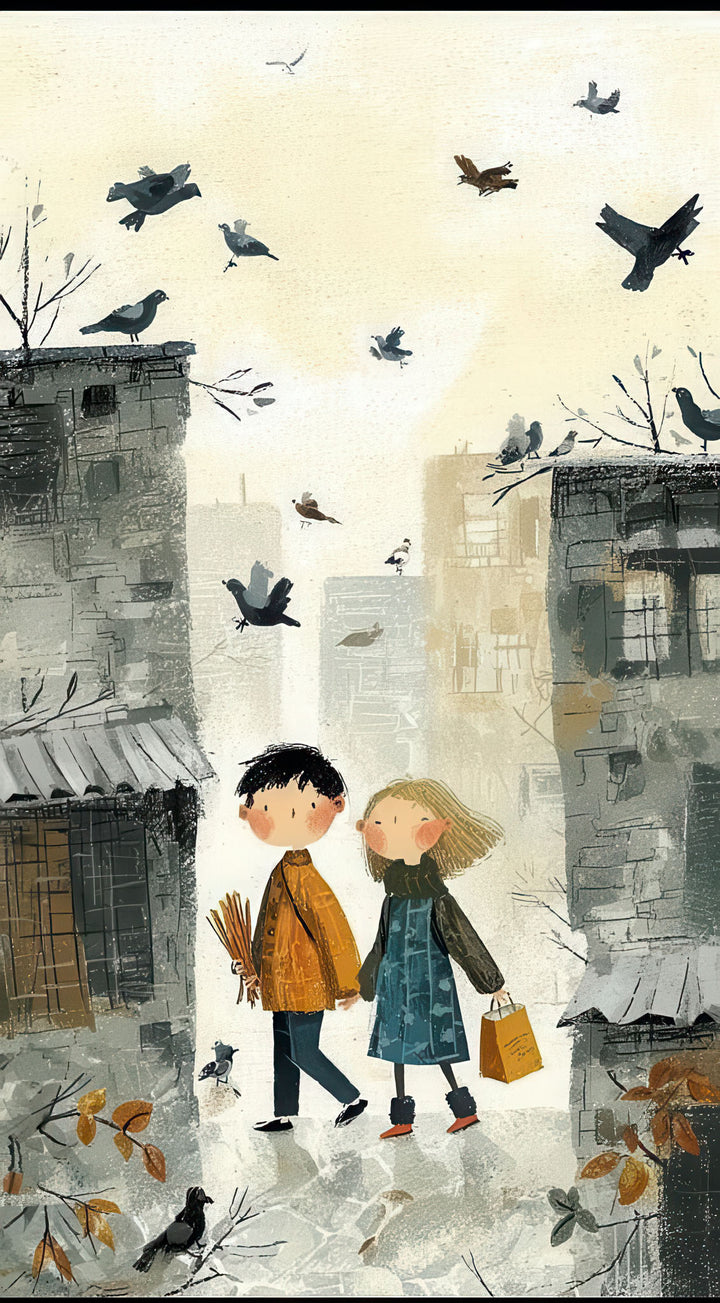 Children walking with birds city illustration on premium canvas with MDF frame and glass front panel