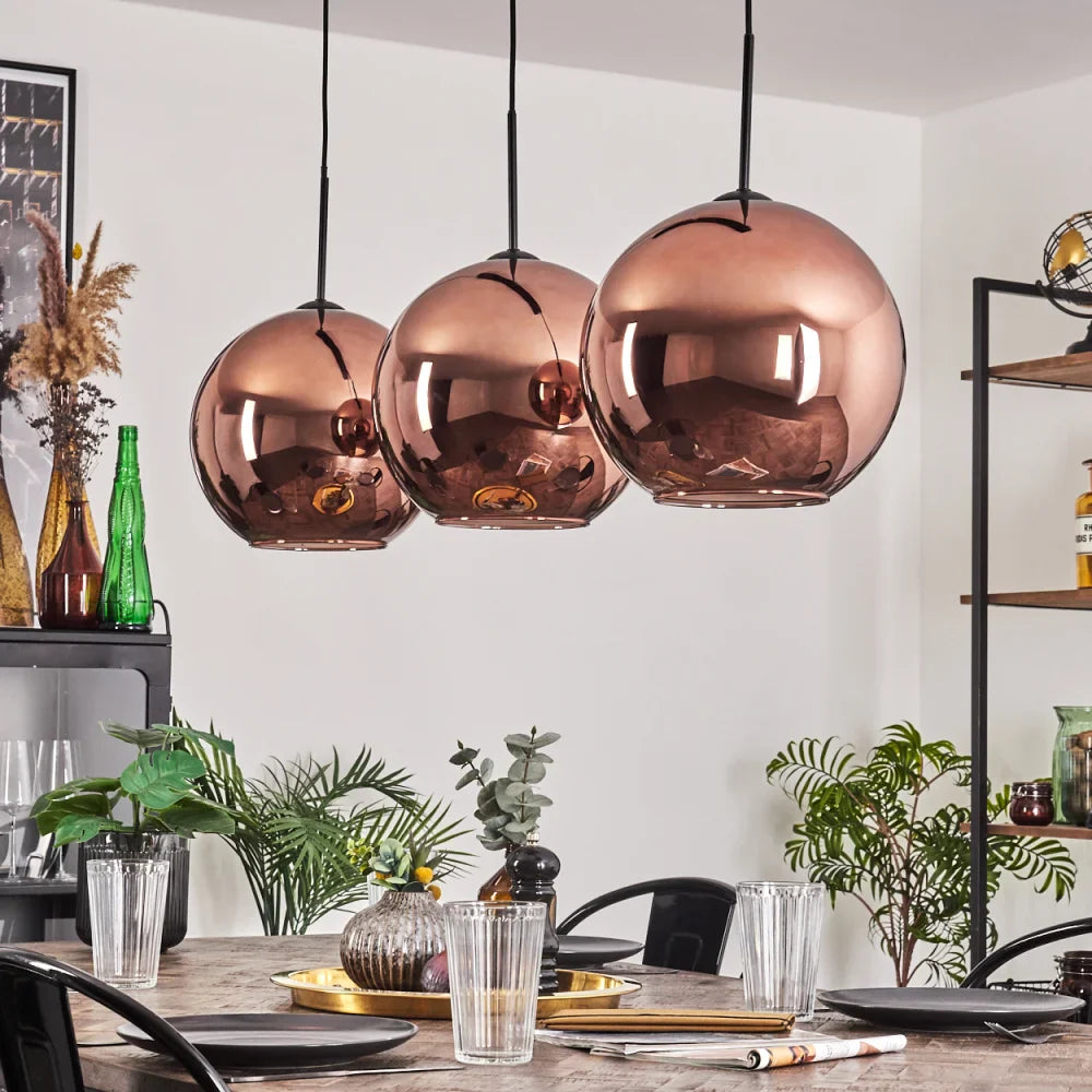 Modern Rose Gold Glass Globe Pendant Light Trio