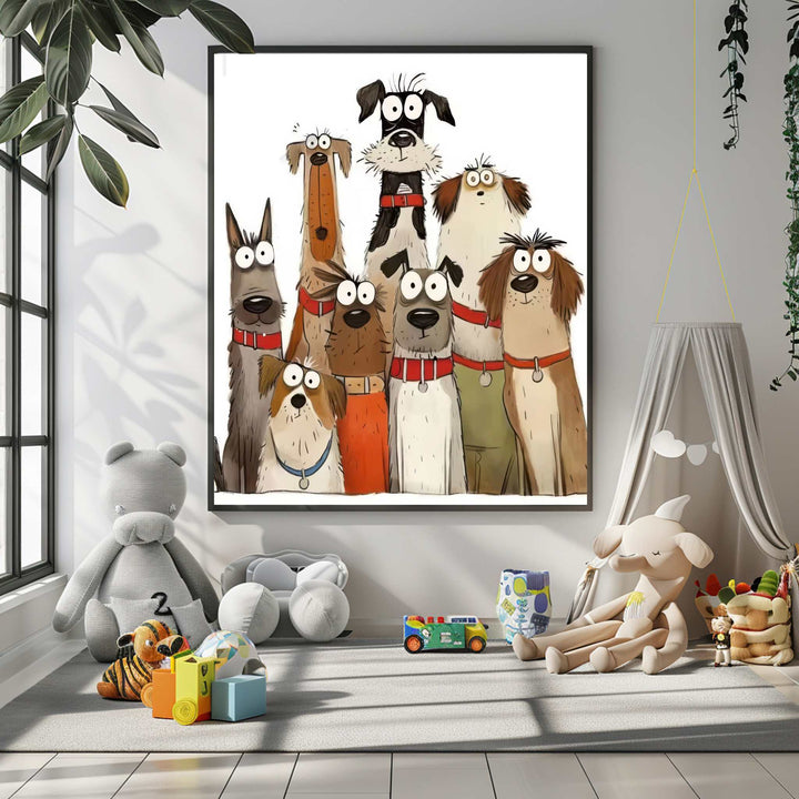Playful dogs illustration on premium canvas with MDF frame and glass front panel