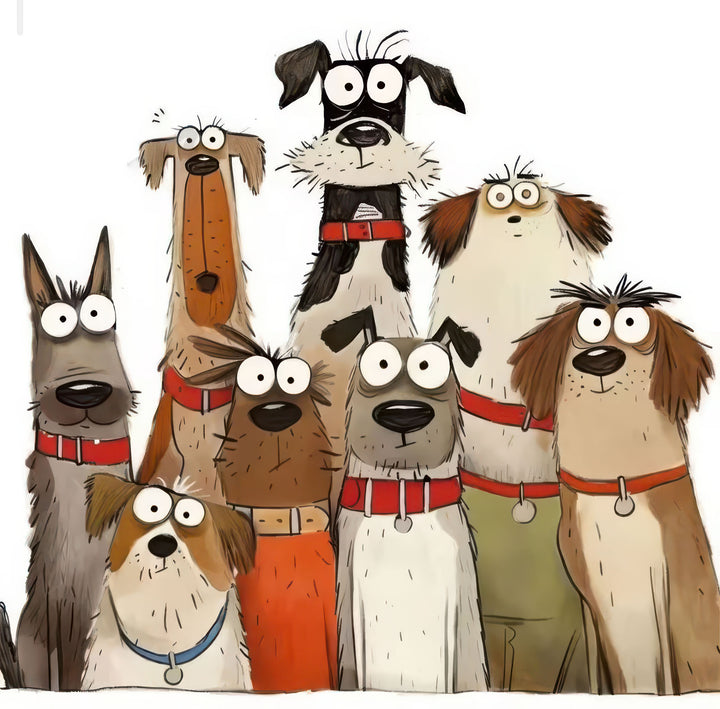 Playful dogs illustration on premium canvas with MDF frame and glass front panel