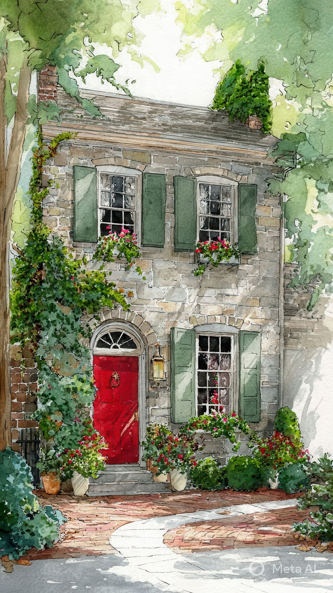 Charming cottage red door surrounded by greenery on premium canvas with MDF frame and glass front panel