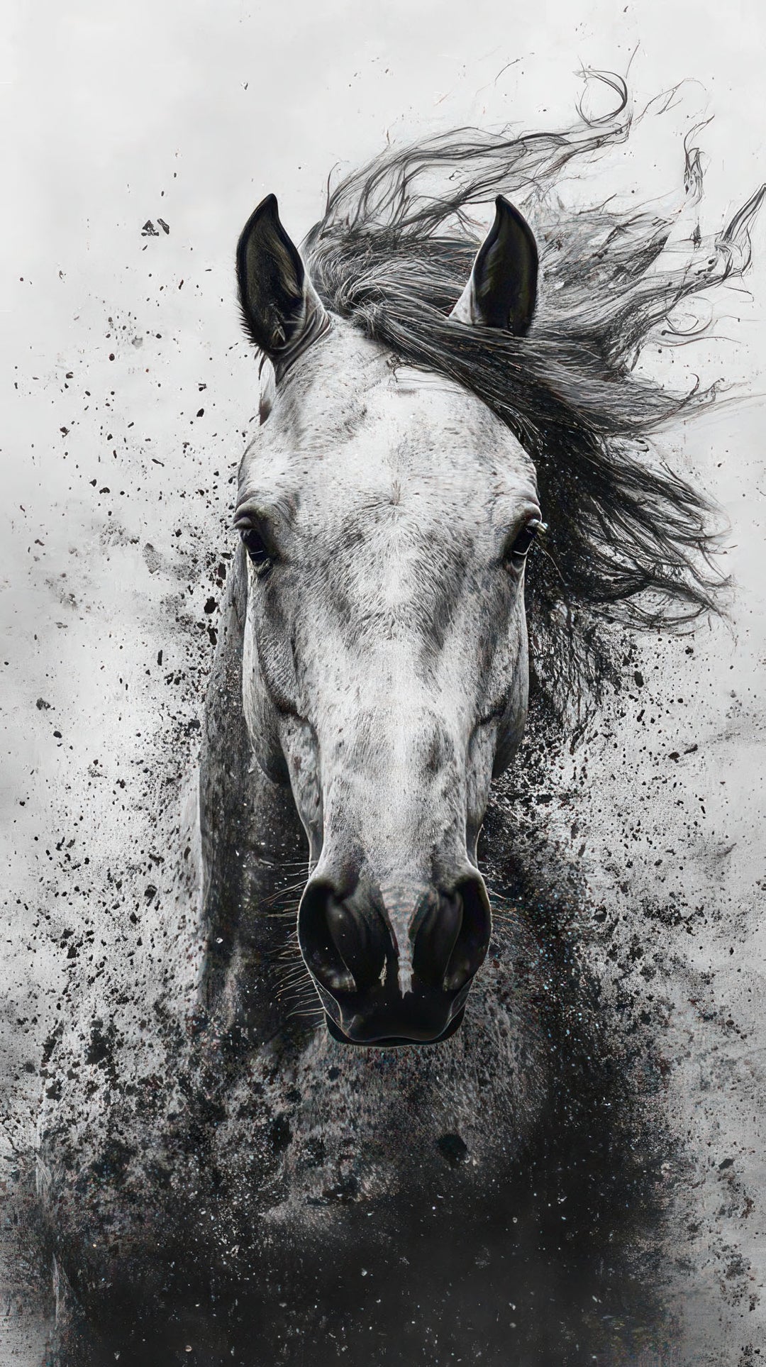 Black and white horse portrait on textured premium canvas in MDF frame with glass front panel