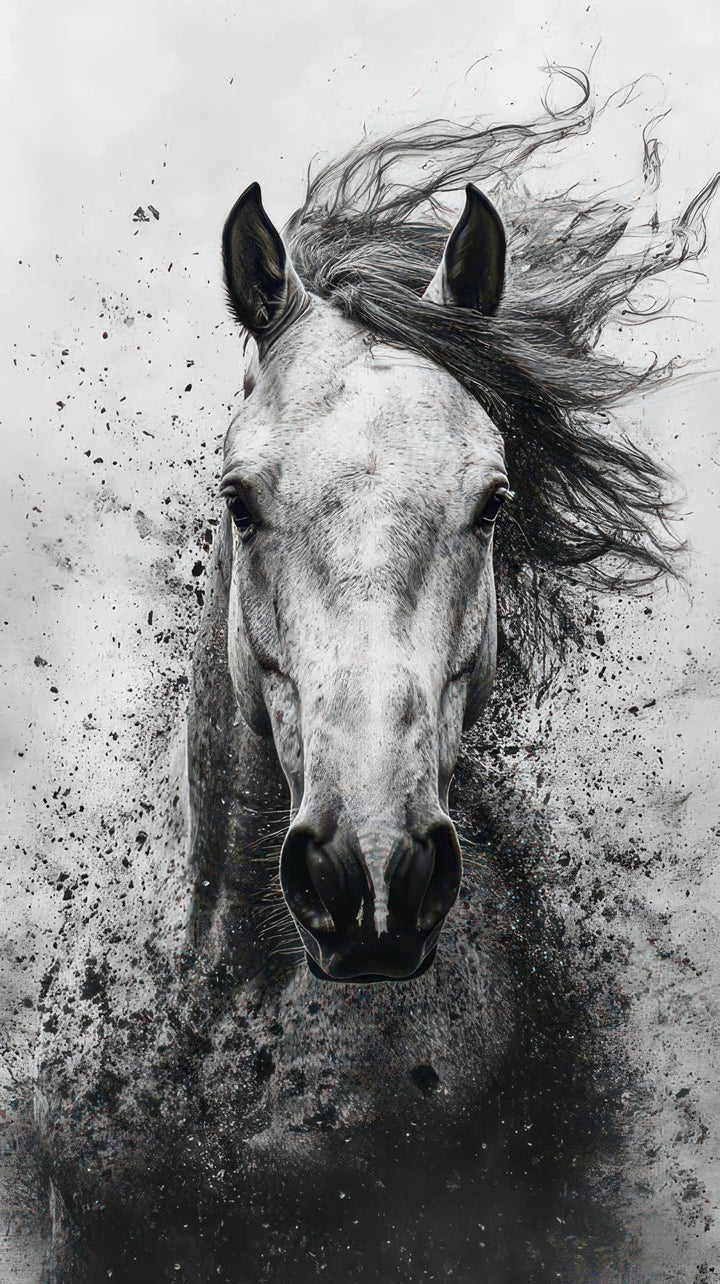 Black and white horse portrait on textured premium canvas in MDF frame with glass front panel