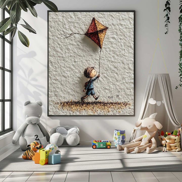 Child flying kite illustration on textured premium canvas with MDF frame and glass front.