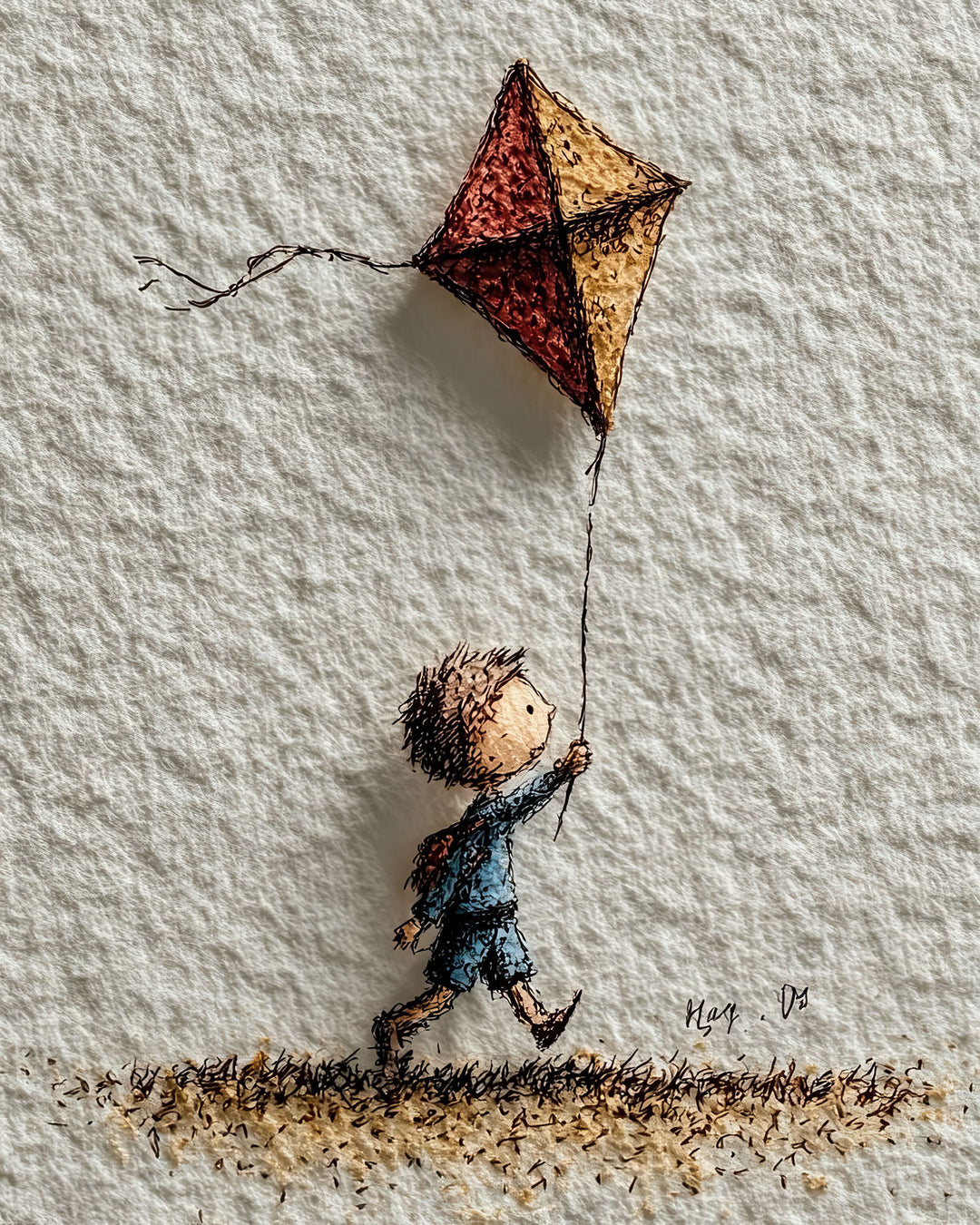 Child flying kite illustration on textured premium canvas with MDF frame and glass front.