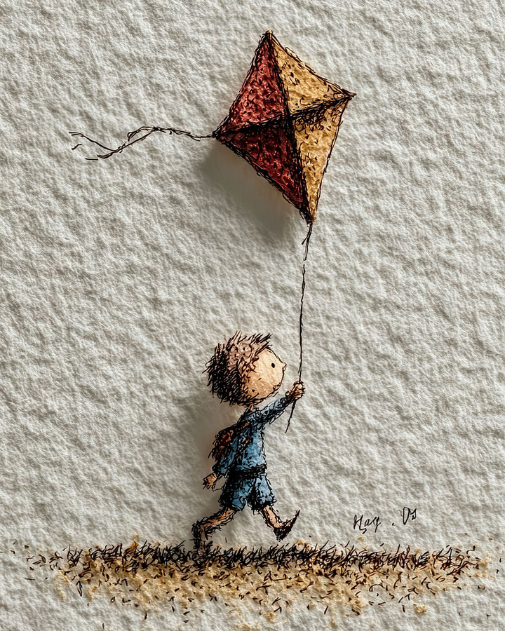 Child flying kite illustration on textured premium canvas with MDF frame and glass front.
