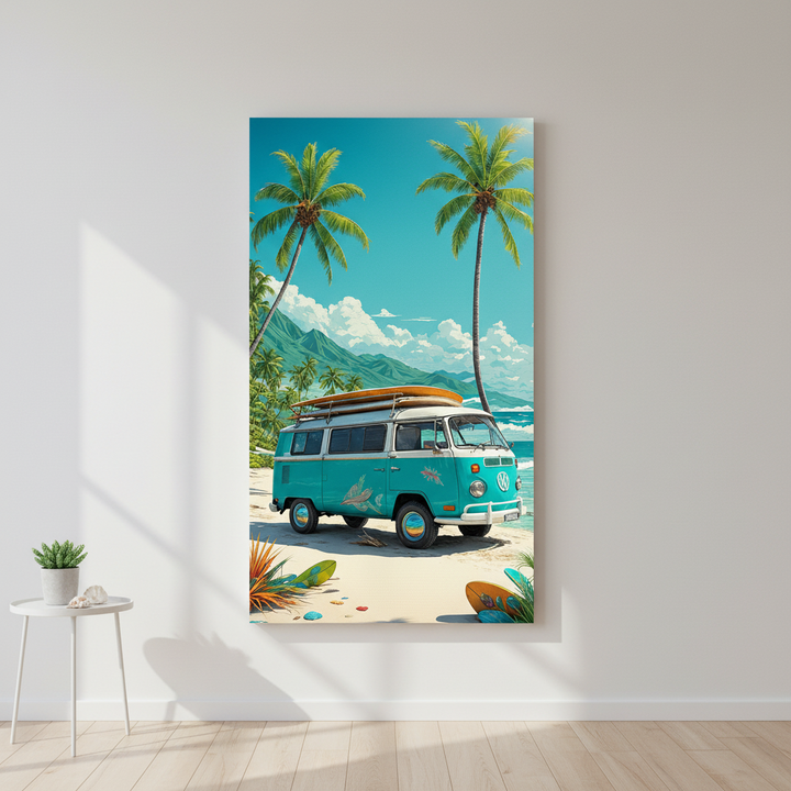 Vintage teal retro surf van canvas art with surfboards on tropical beach