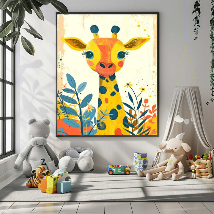 Cute giraffe nursery wall canvas with cheerful illustration on premium material