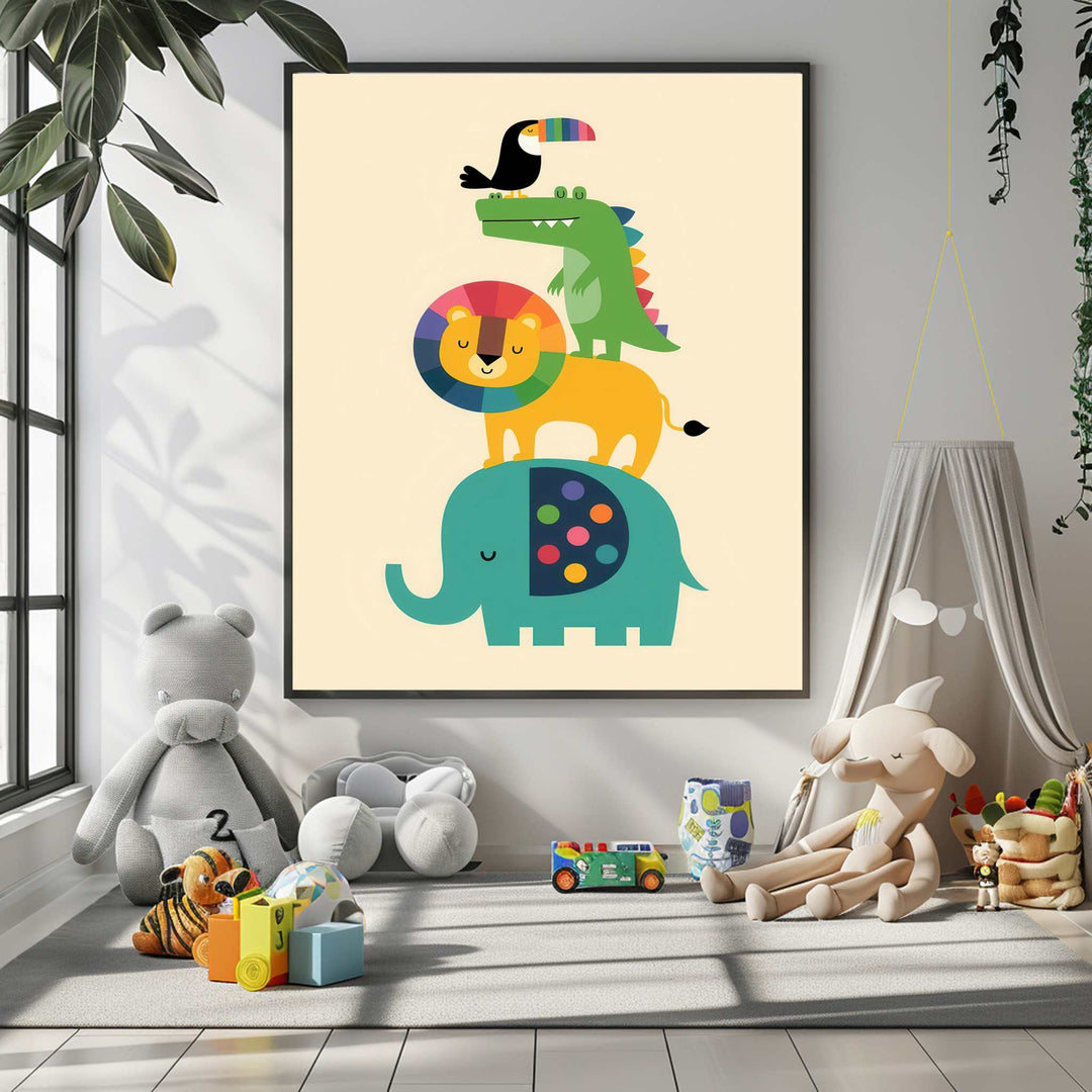 Colorful animal stack kids wall art canvas with playful stacked animals on premium, easy-to-clean canvas
