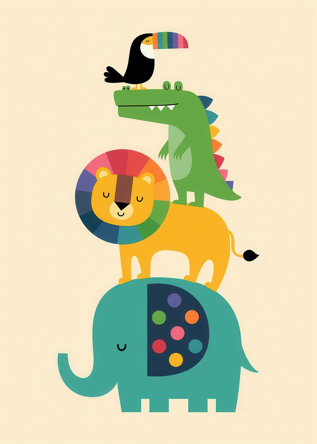 Colorful animal stack kids wall art canvas with playful stacked animals on premium, easy-to-clean canvas
