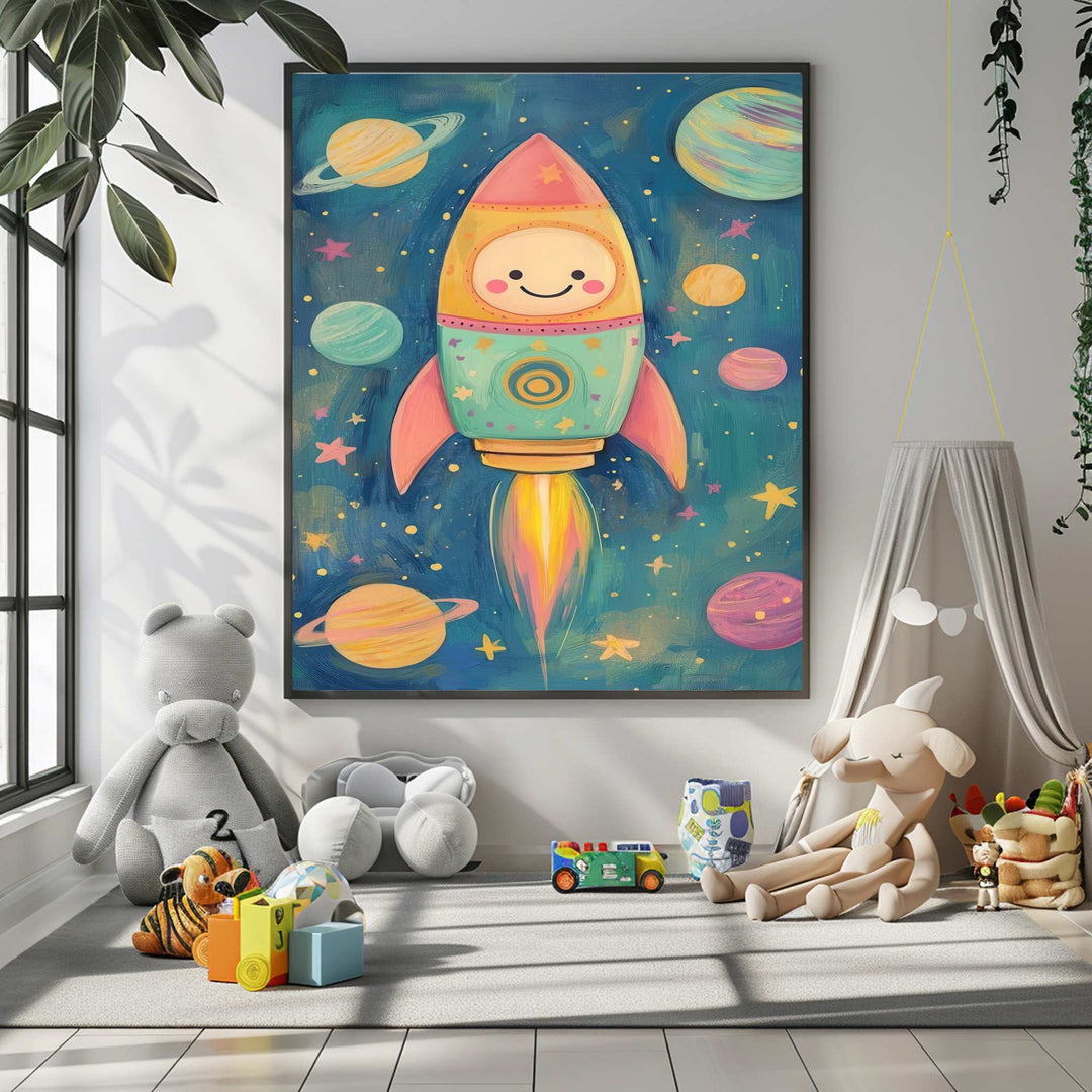 Cute space rocket illustration on premium nursery canvas with MDF frame and glass panel