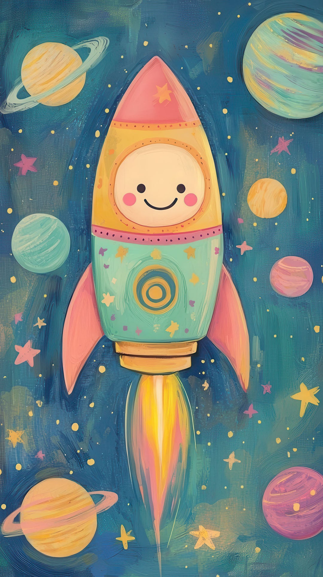 Cute space rocket illustration on premium nursery canvas with MDF frame and glass panel