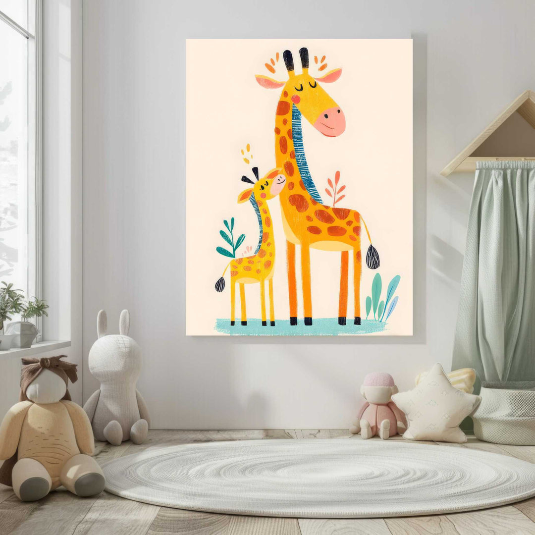 Giraffe mother and baby illustration canvas nursery decor