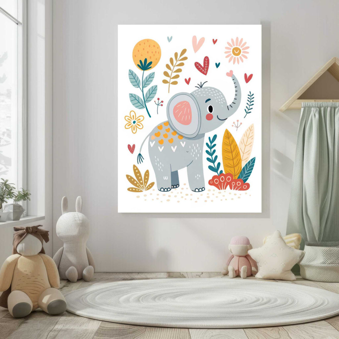 Cute elephant kids wall art canvas with pastel tones on MDF frame