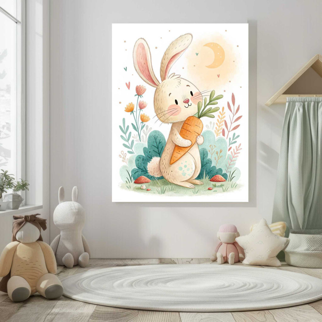 Cute Bunny Nursery Wall Canvas with pastel bunny illustration on premium canvas in MDF frame for nursery decor