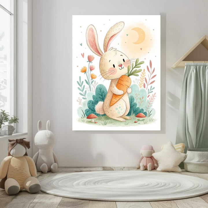 Cute Bunny Nursery Wall Canvas with pastel bunny illustration on premium canvas in MDF frame for nursery decor