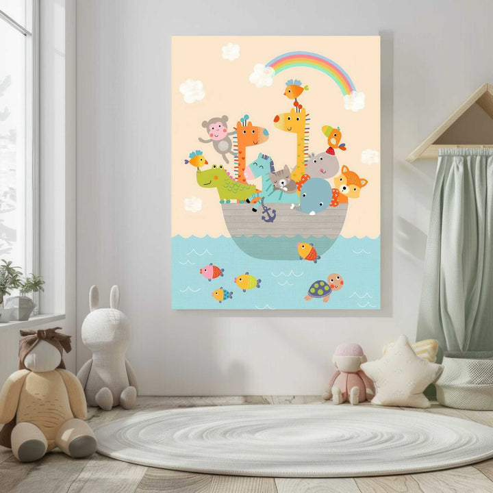 Noah's Ark animal illustration on premium canvas with MDF frame for kids' room decor