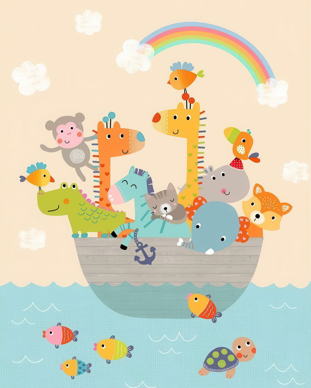 Noah's Ark animal illustration on premium canvas with MDF frame for kids' room decor