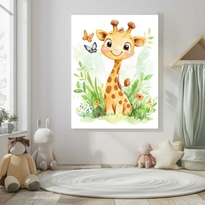 Cute giraffe nursery wall art canvas with soft watercolor illustration and MDF frame
