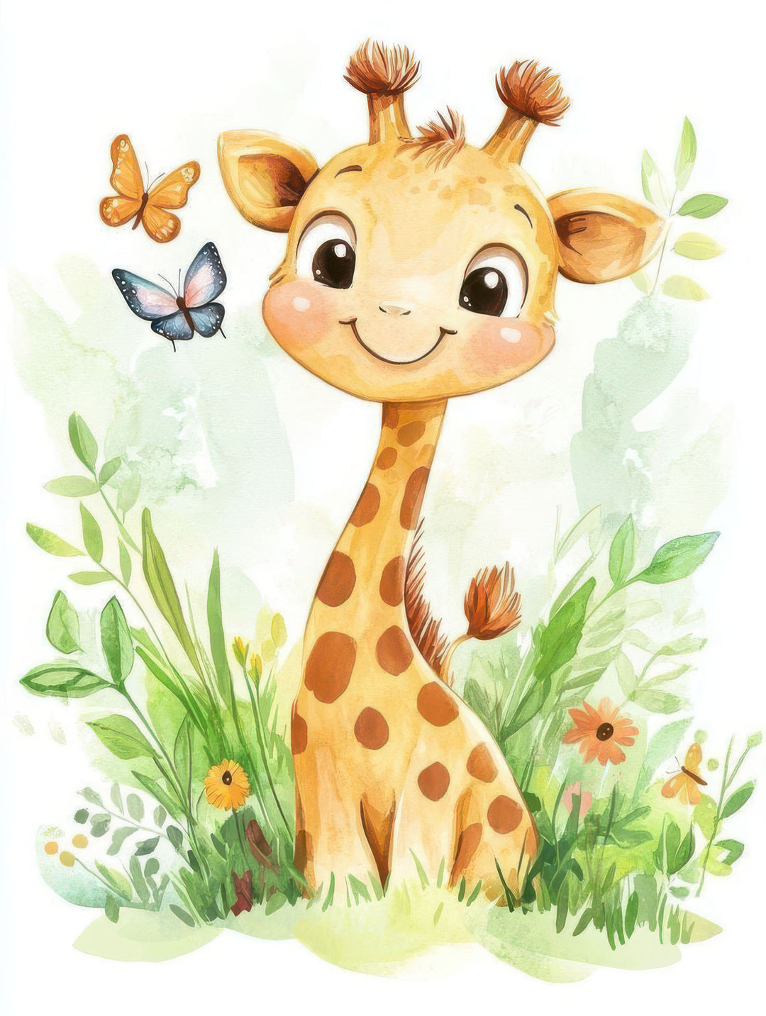 Cute giraffe nursery wall art canvas with soft watercolor illustration and MDF frame
