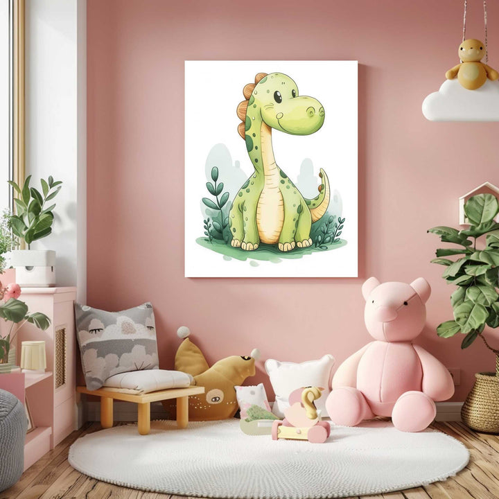 Cute Dinosaur Kids Canvas with friendly green dinosaur illustration and MDF frame