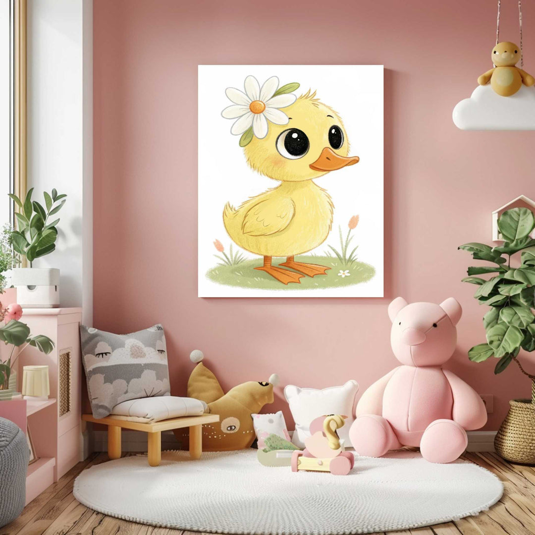 Cute duckling nursery illustration canvas with soft colors and MDF frame