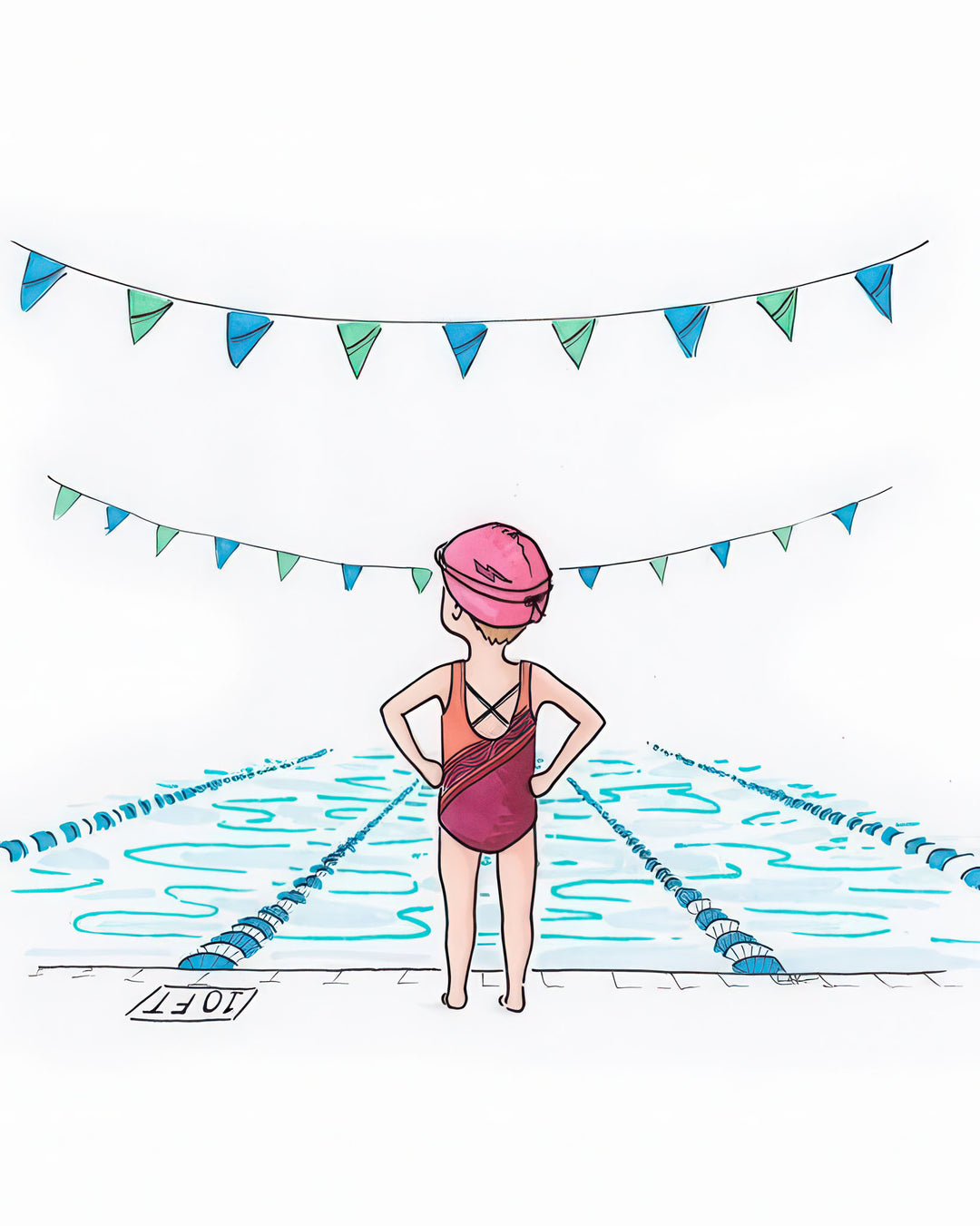 Young swimmer kids canvas illustration celebrating confidence and determination on premium water-resistant material