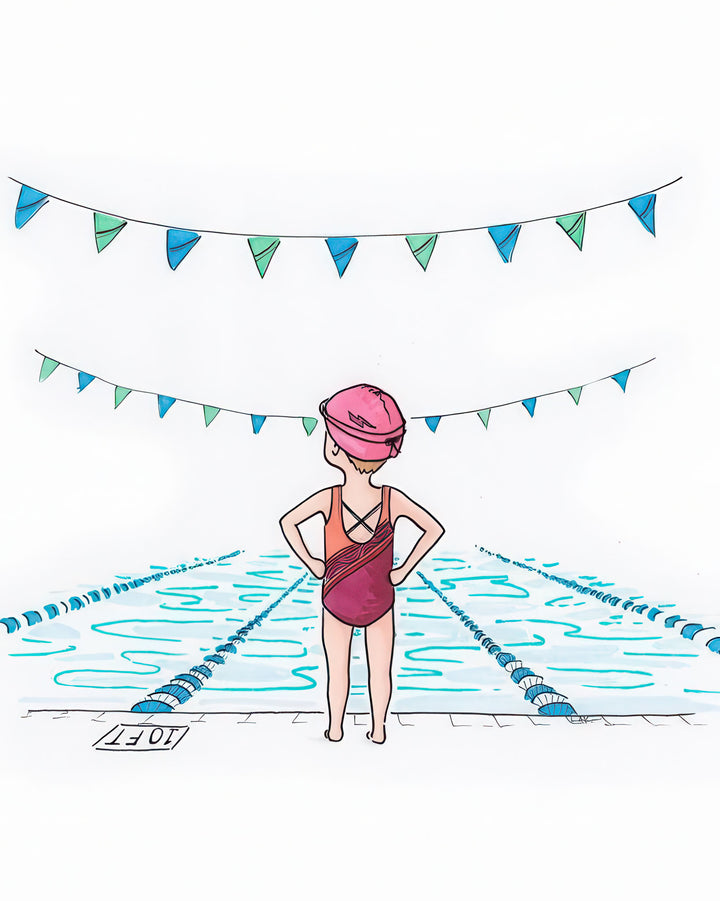 Young swimmer kids canvas illustration celebrating confidence and determination on premium water-resistant material