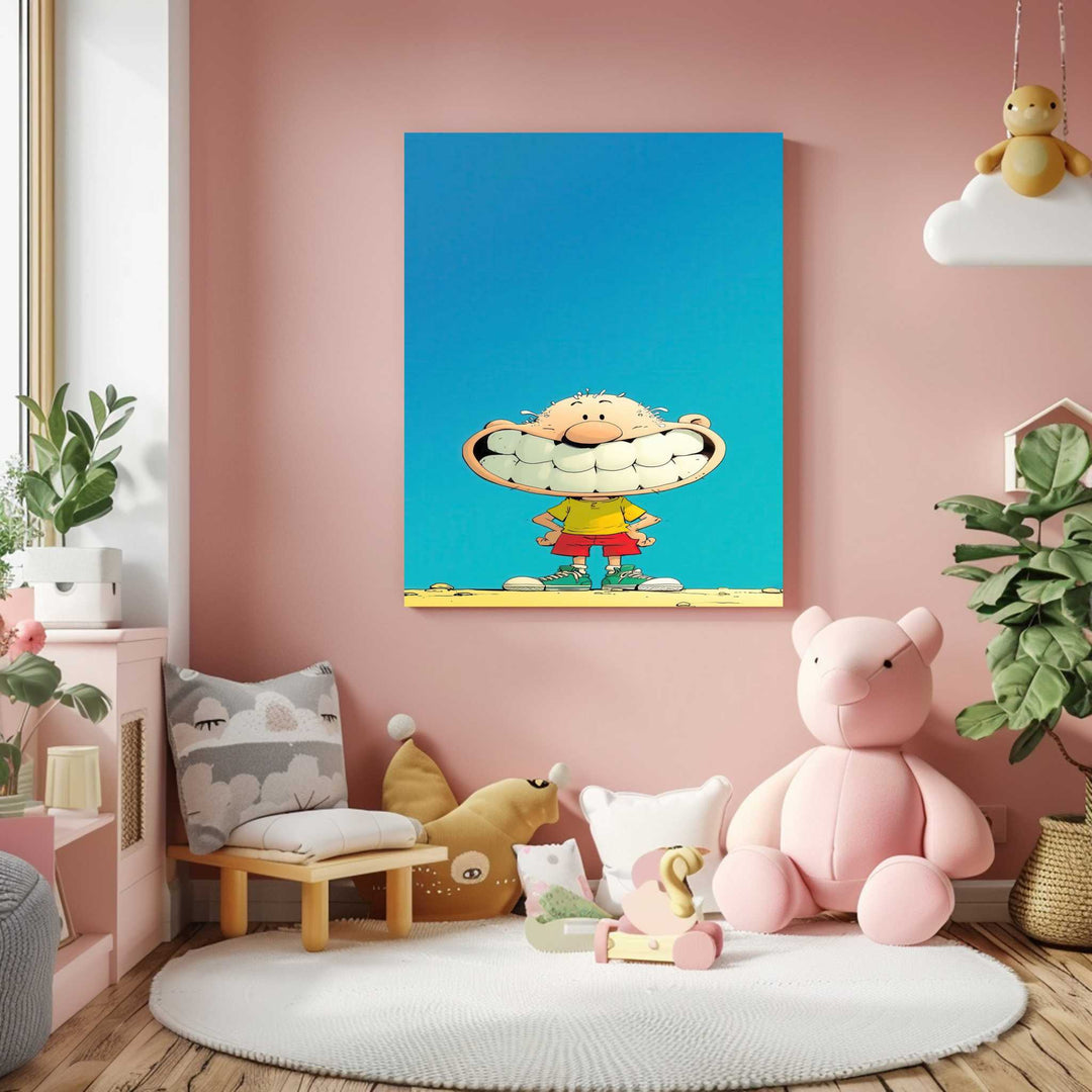 Funny big smile kids canvas with playful cartoon character on premium canvas
