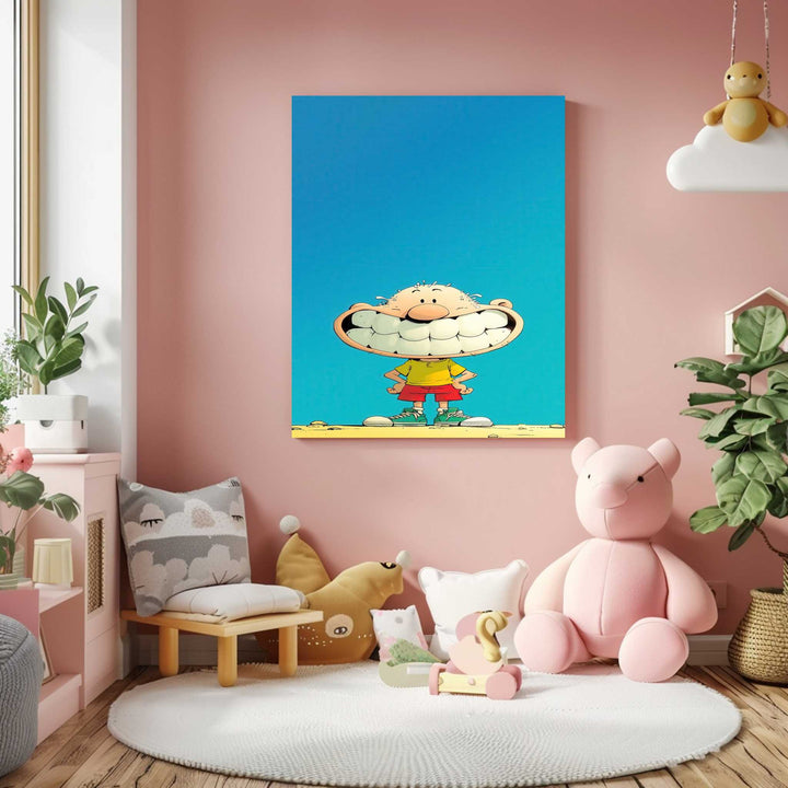 Funny big smile kids canvas with playful cartoon character on premium canvas