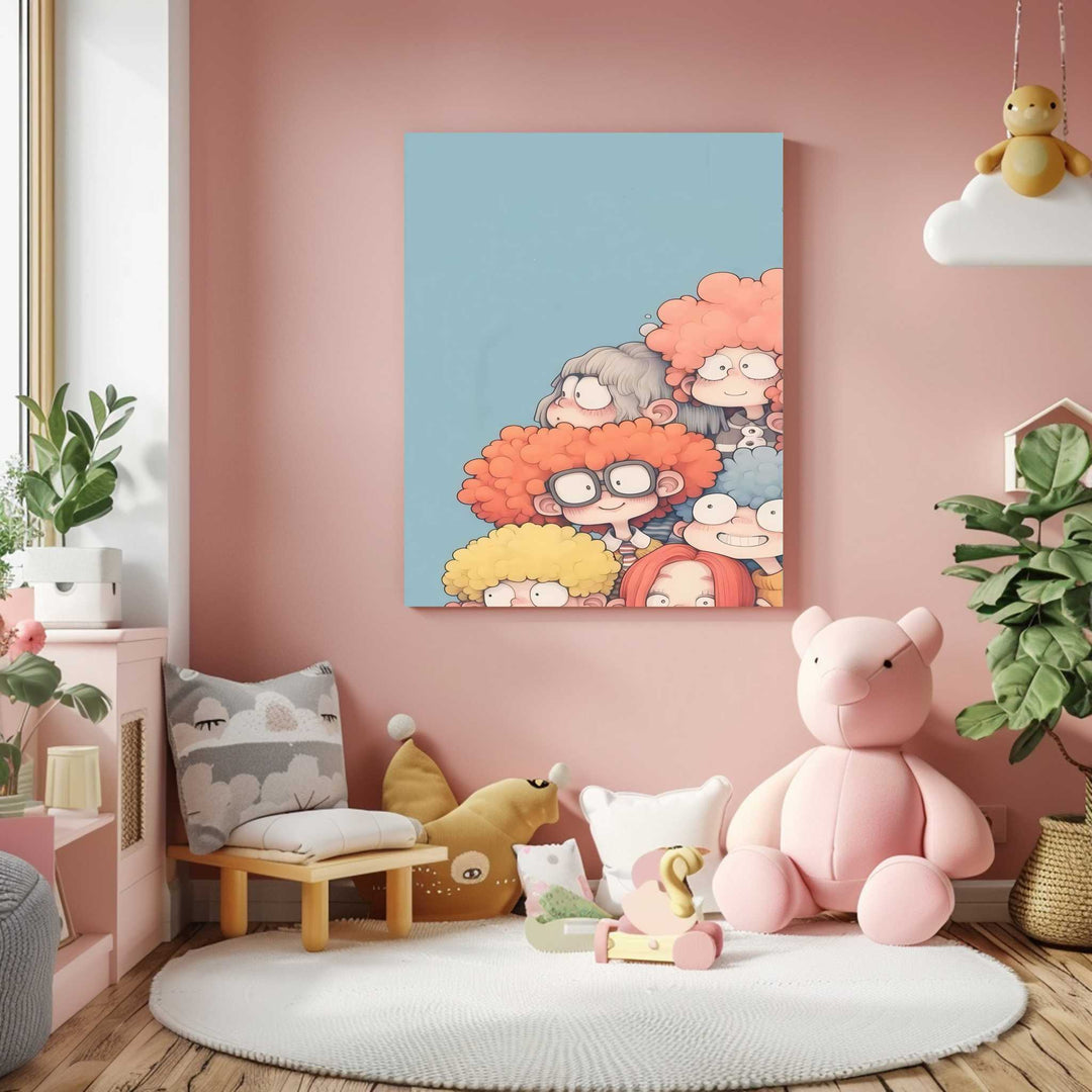Cute friends peekaboo illustration of kids on premium canvas with MDF frame