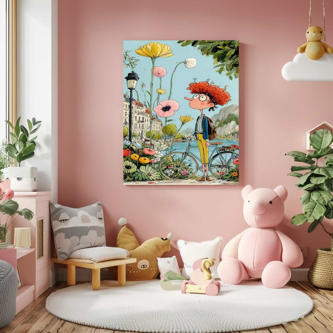 Dreamy city scene with oversized flowers on premium canvas in MDF frame