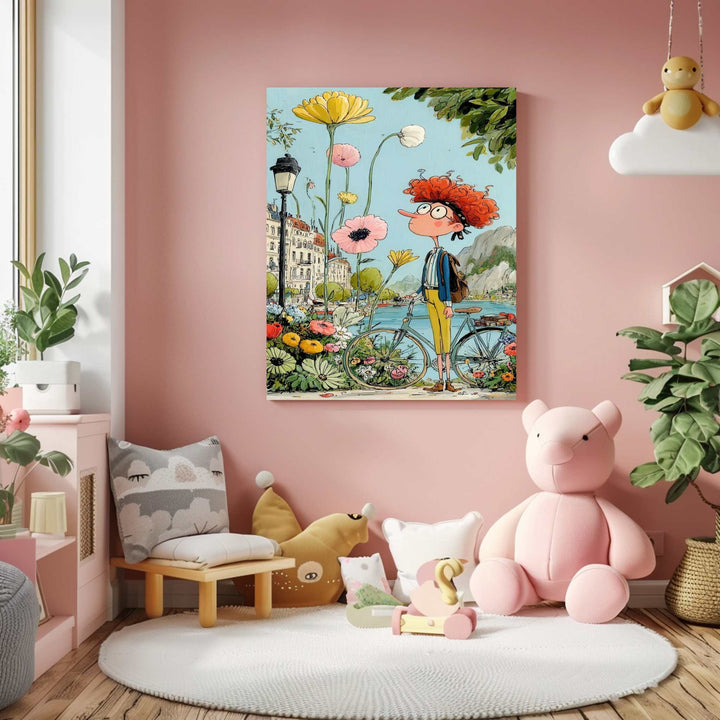 Dreamy city scene with oversized flowers on premium canvas in MDF frame