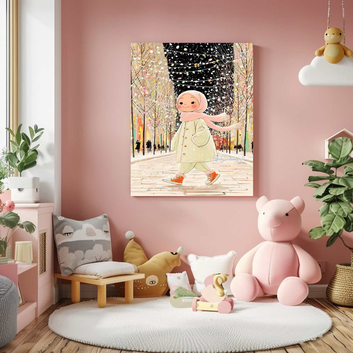 Winter Walk Girl Illustration of a girl walking through winter lights on premium canvas with MDF frame
