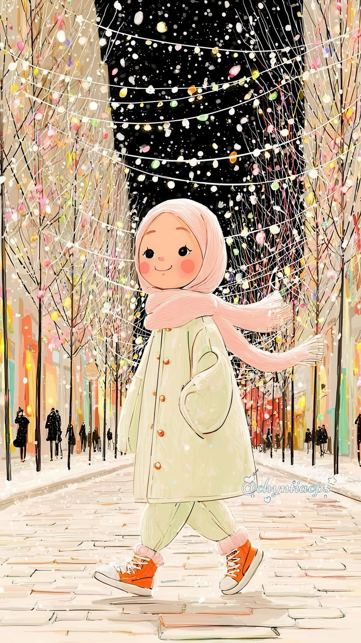 Winter Walk Girl Illustration of a girl walking through winter lights on premium canvas with MDF frame