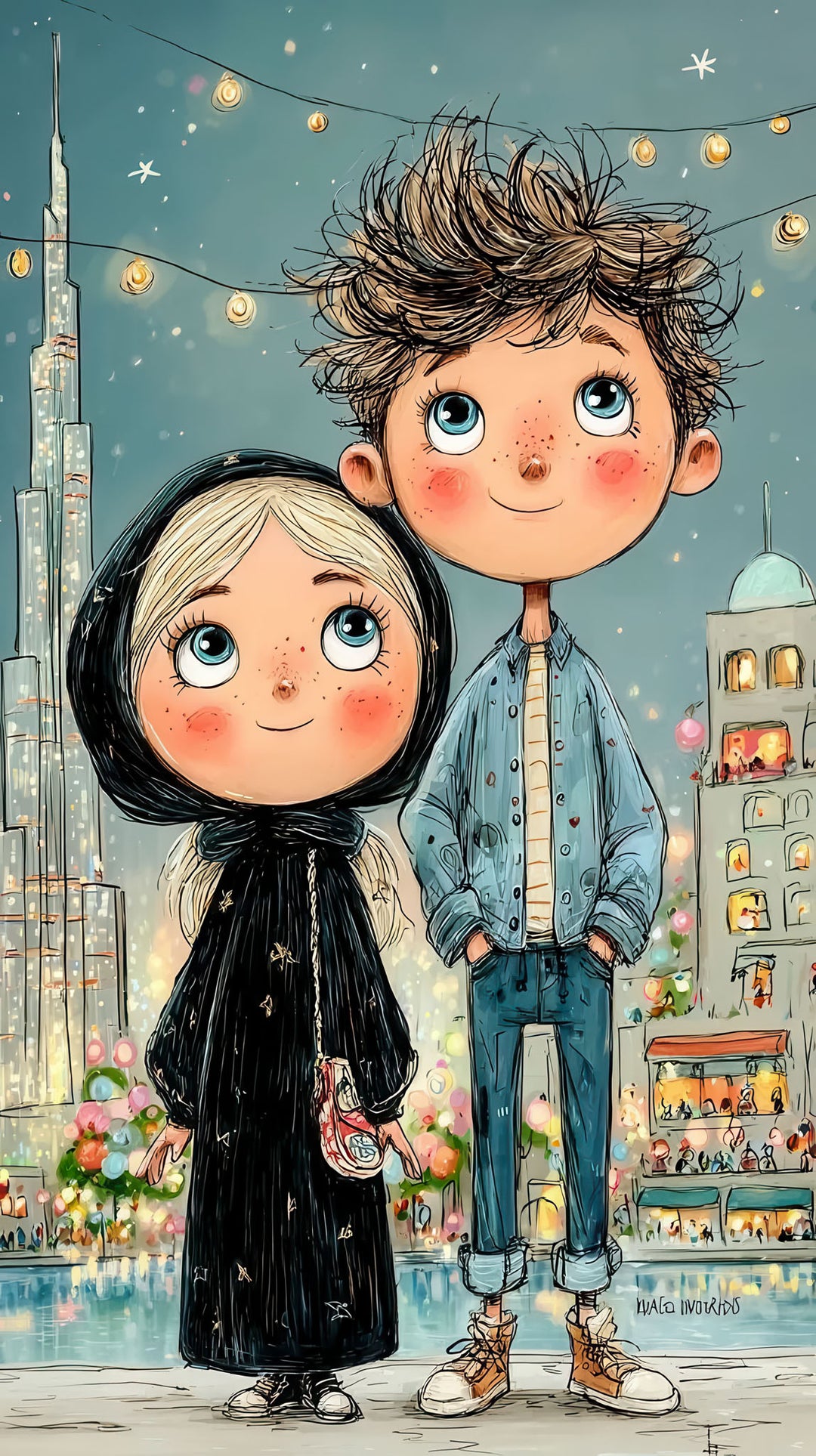 Two kids standing in a glowing kids city night illustration on canvas with MDF frame