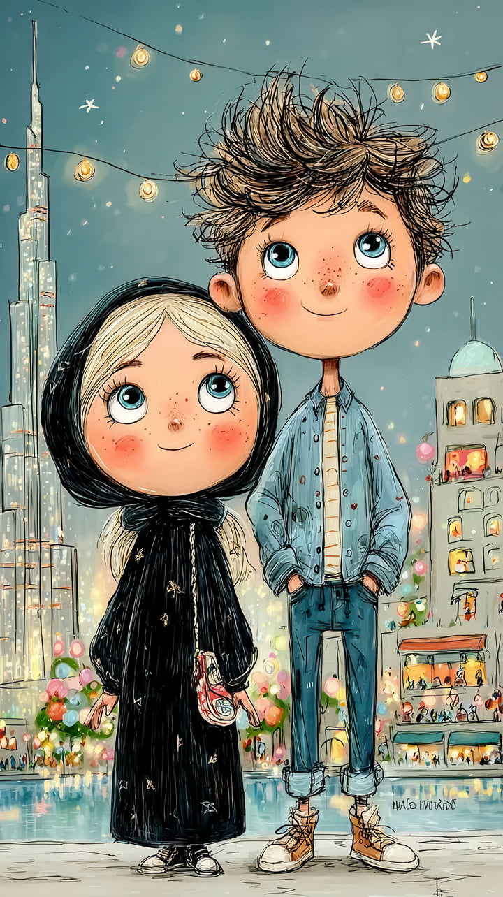Two kids standing in a glowing kids city night illustration on canvas with MDF frame