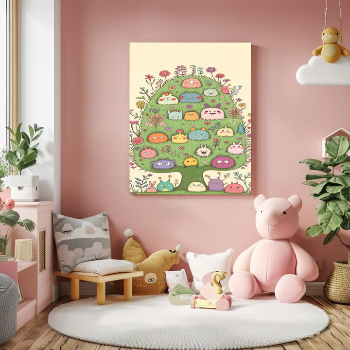 Cute fantasy tree friends on premium canvas with MDF frame and glass front panel