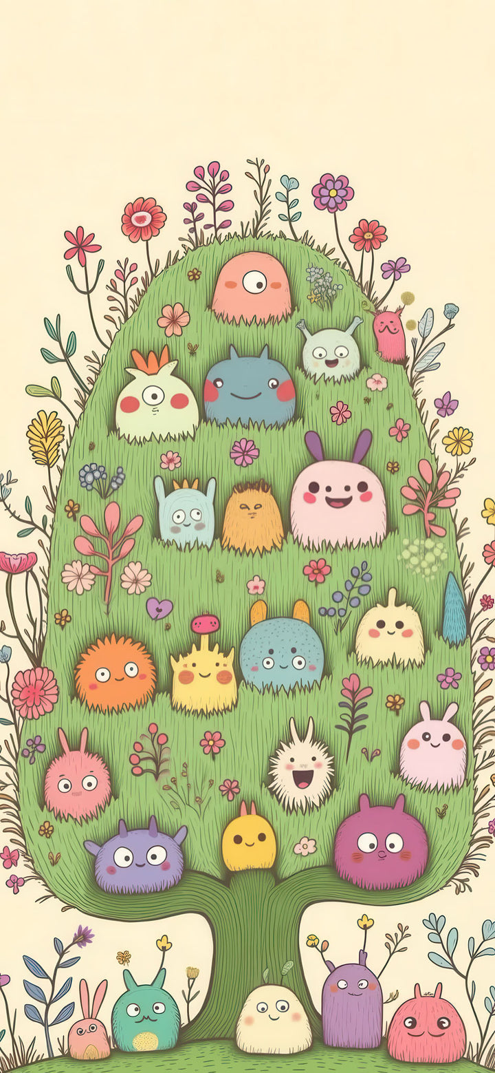 Cute fantasy tree friends on premium canvas with MDF frame and glass front panel