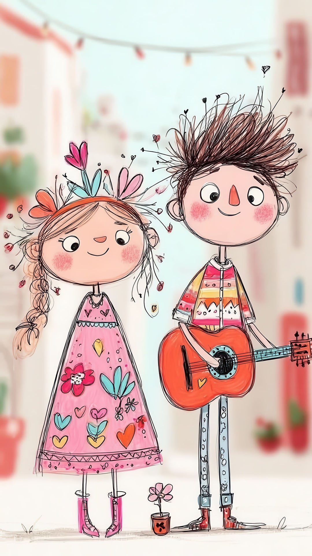 Cute music friends illustration of two kids with flowers on premium canvas