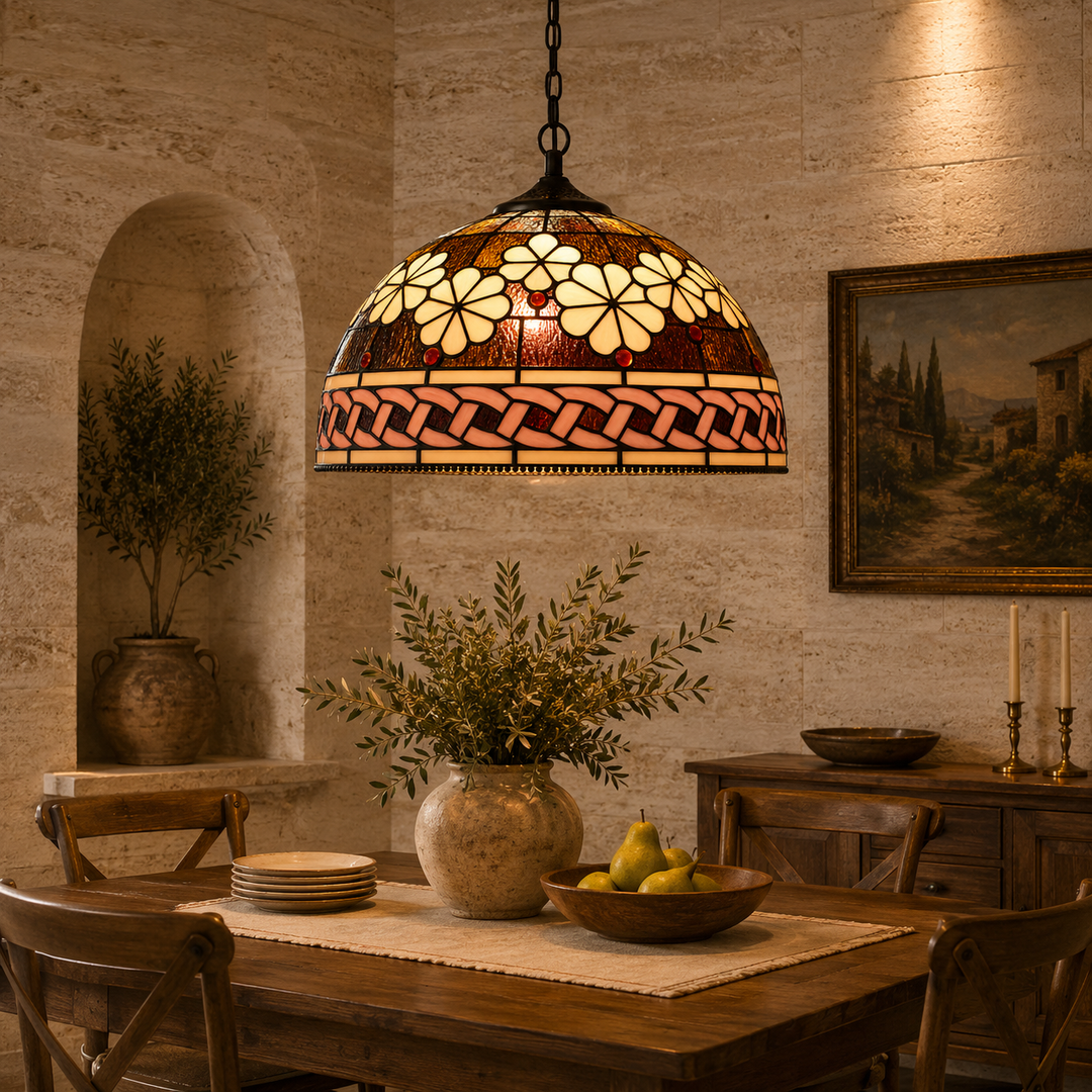 Vintage Floral Stained Glass Pendant Light